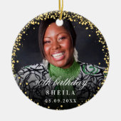 誕生日金ゴールドグリッターの写真の名前 セラミックオーナメント (正面)