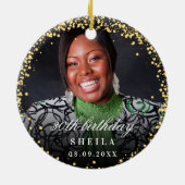 誕生日金ゴールドグリッターの写真の名前 セラミックオーナメント (裏面)