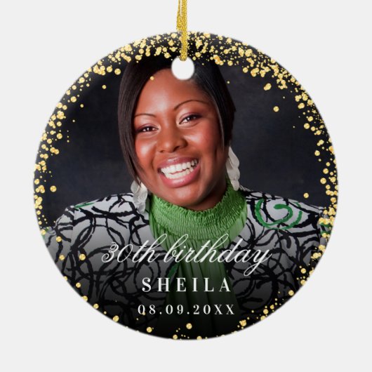 誕生日金ゴールドグリッターの写真の名前 セラミックオーナメント (裏面)