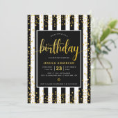 誕生日金ゴールドグリッタースクリプトの白黒ストライプ 招待状 (スタンド正面)