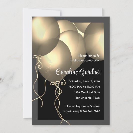誕生日金ゴールドバルーンの色 招待状 (正面)