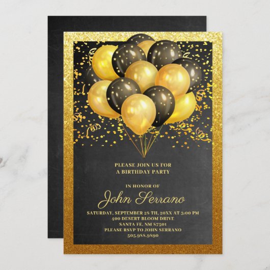 誕生日金ゴールドブラックグリッターパーティの招待状 招待状 (正面/裏面)