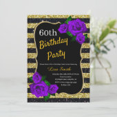 誕生日金ゴールドブラックストライプグリッターパープルバラ 招待状 (スタンド正面)