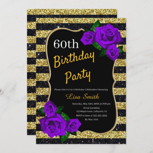 誕生日金ゴールドブラックストライプグリッターパープルバラ 招待状 (正面/裏面)