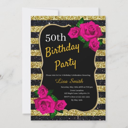 誕生日金ゴールドブラックストライプグリッターピンクローズ 招待状 (正面)