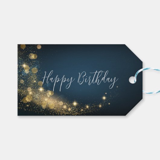 誕生日金ゴールドミッドナイトブルーきらめく金ゴールドきらめく ギフトタグ (正面(横))