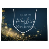 誕生日金ゴールドミッドナイトブルーきらめく金ゴールドきらめく ラージペーパーバッグ (正面)