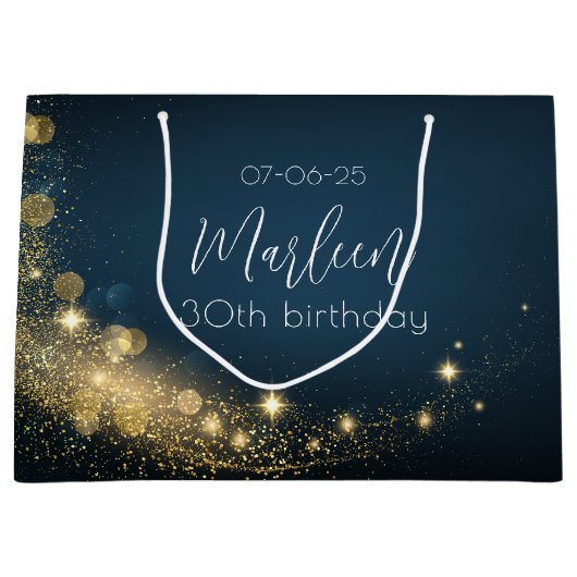 誕生日金ゴールドミッドナイトブルーきらめく金ゴールドきらめく ラージペーパーバッグ (正面)