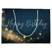 誕生日金ゴールドミッドナイトブルーきらめく金ゴールドきらめく ラージペーパーバッグ (裏面)