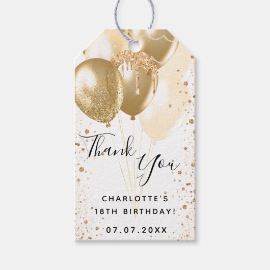 誕生日金ゴールド白グリッターバ感謝していロン ギフトタグ (正面)