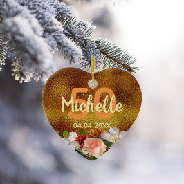 誕生日金ゴールド花模様モノグラム名 セラミックオーナメント