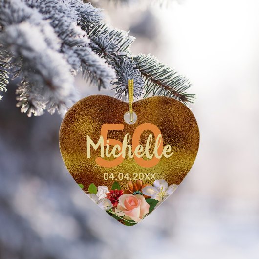 誕生日金ゴールド花模様モノグラム名 セラミックオーナメント