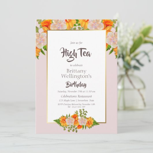 誕生日金ゴールド赤面ピンクオレンジフローラハイティー 招待状 (スタンド正面)