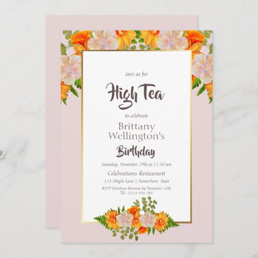 誕生日金ゴールド赤面ピンクオレンジフローラハイティー 招待状 (正面/裏面)