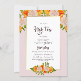 誕生日金ゴールド赤面ピンクオレンジフローラハイティー 招待状