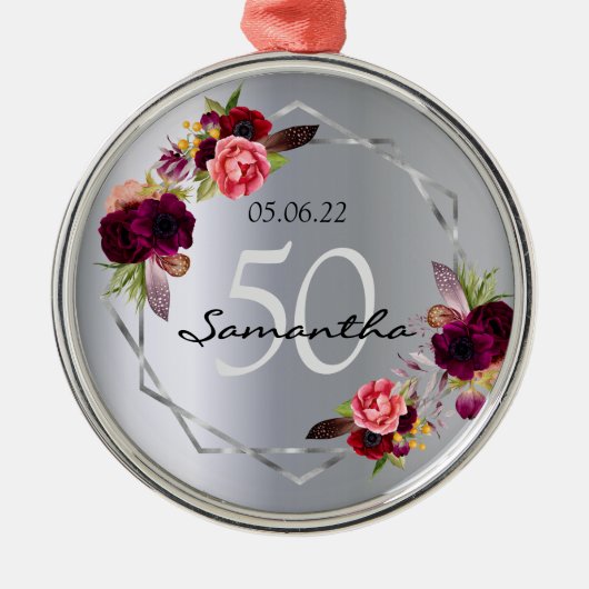 誕生日銀の花の幾何学的なブルゴーニュ メタルオーナメント (正面)