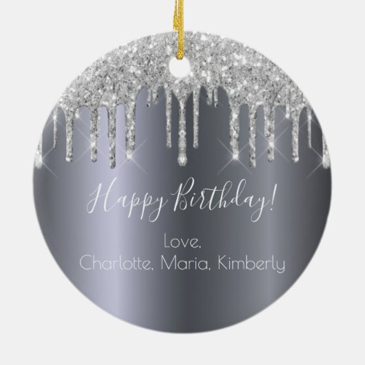 誕生日銀グリッターが友人から輝く輝き セラミックオーナメント (裏面)