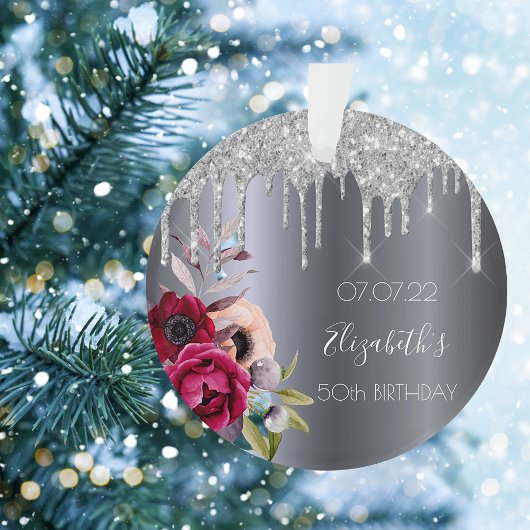 誕生日銀グリッターキラキラフローラブルゴーニュ オーナメント