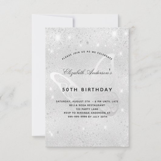 誕生日銀グリッターダストバタフライエレガント 招待状 (正面)