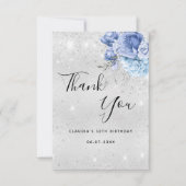 誕生日銀グリッターダストブルーフローラ サンキューカード (正面)