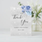 誕生日銀グリッターダストブルーフローラ サンキューカード (スタンド正面)