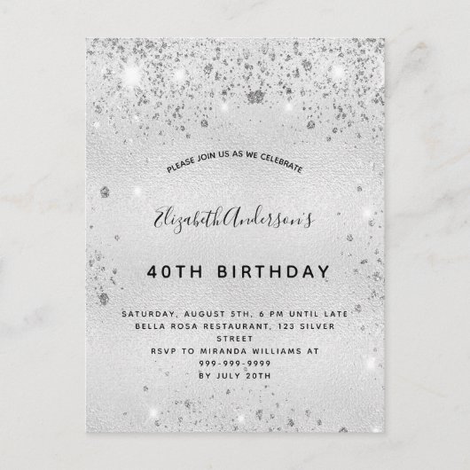 誕生日銀グリッターダスト金エレガント属 インビテーションポストカード (正面)