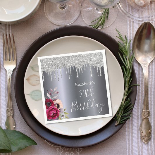 誕生日銀グリッタードリップフローラブルゴーニュ名 スタンダードカクテルナプキン