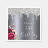 誕生日銀グリッタードリップフローラブルゴーニュ名 スタンダードカクテルナプキン (正面)