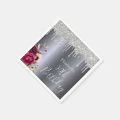 誕生日銀グリッタードリップフローラブルゴーニュ名 スタンダードカクテルナプキン (角)