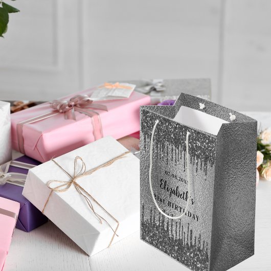 誕生日銀グリッタードリップモノグラム ミディアムペーパーバッグ