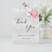 誕生日銀グリッターピンク花模様 サンキューカード (スタンド正面)