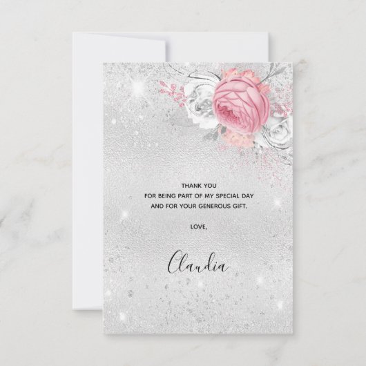 誕生日銀グリッターピンク花模様 サンキューカード (裏面)