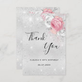 誕生日銀グリッターピンク花模様 サンキューカード (正面/裏面)