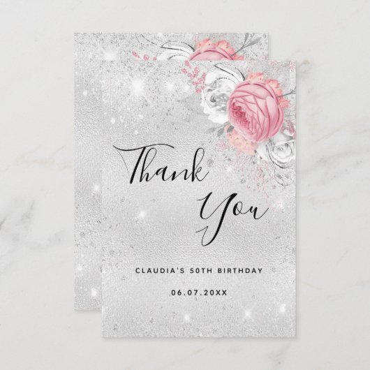 誕生日銀グリッターピンク花模様 サンキューカード (正面/裏面)