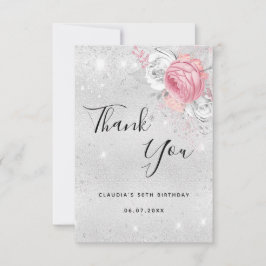 誕生日銀グリッターピンク花模様 サンキューカード