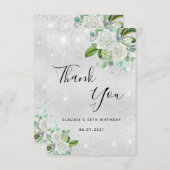 誕生日銀グリッター白花模様 サンキューカード (正面/裏面)