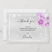 誕生日銀グリッター紫フローラ写真 サンキューカード (正面)