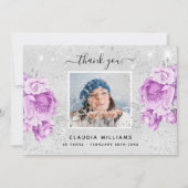 誕生日銀グリッター紫フローラ写真 サンキューカード (裏面)