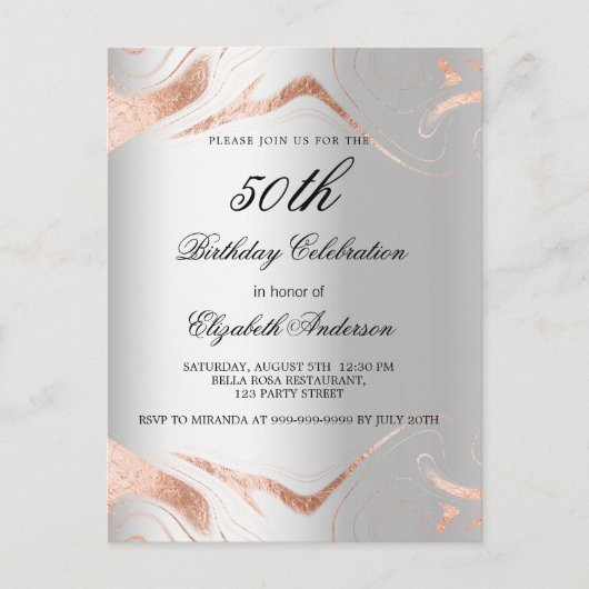 誕生日銀バラ金ゴールド大理石エレガント インビテーションポストカード (正面)