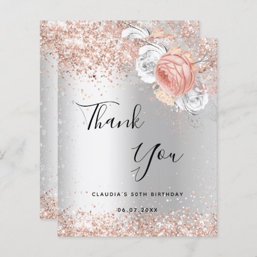 誕生日銀バラ金ゴールド花模様サンキューカード (正面/裏面)