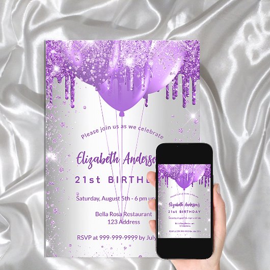 誕生日銀パープルは風船を乾燥させる 招待状