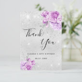 誕生日銀パープルグリッターフローラ サンキューカード (スタンド正面)