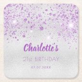 誕生日銀パープルグリッターモノグラム スクエアペーパーコースター (正面)