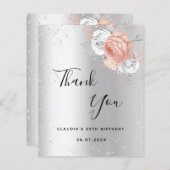誕生日銀ピンクフローラサンキューカード (正面/裏面)