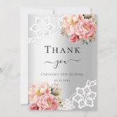 誕生日銀ピンクフローラレースサンキューカード 招待状 (正面)