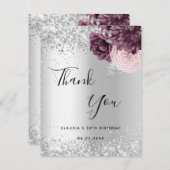 誕生日銀ブルゴーニュ色ピンクの花 サンキューカード (正面/裏面)