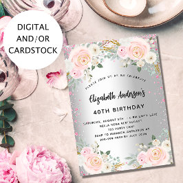 誕生日銀桃色の花グリッター 招待状