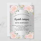 誕生日銀桃色の花グリッター 招待状 (正面)