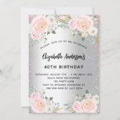 誕生日銀桃色の花グリッター 招待状 (正面)