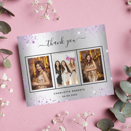 誕生日銀紫色の写真サンキューカード